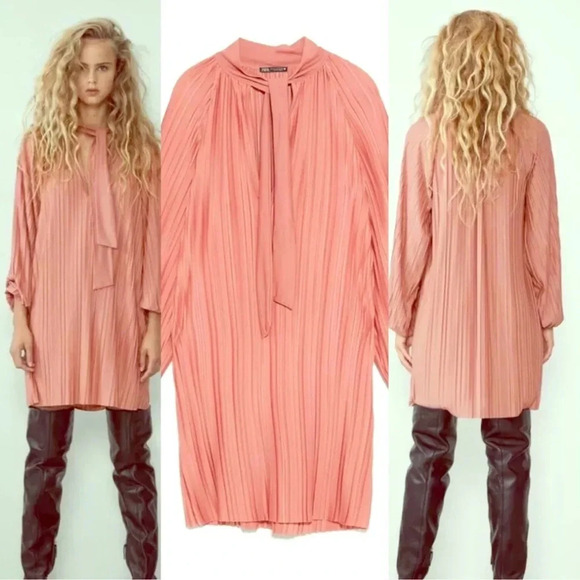 Zara Dress L Pleated Tunic Mini Long Sleeve Tie Neck Flowy Loose Shift Boho Chic - Picture 1 of 7